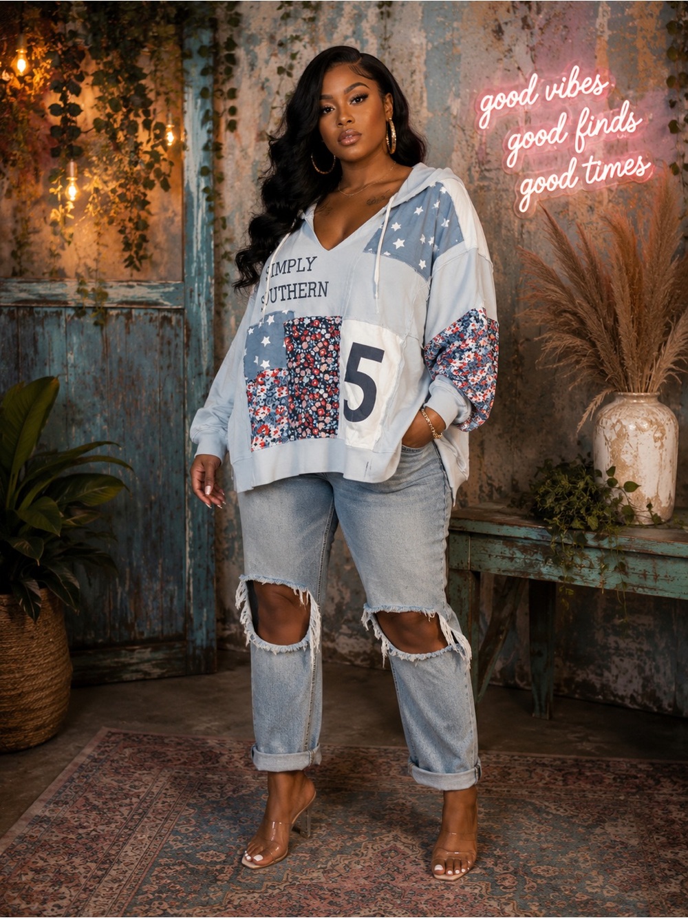 Simply Southern Light Blue Patchwork Pullover Hoodie